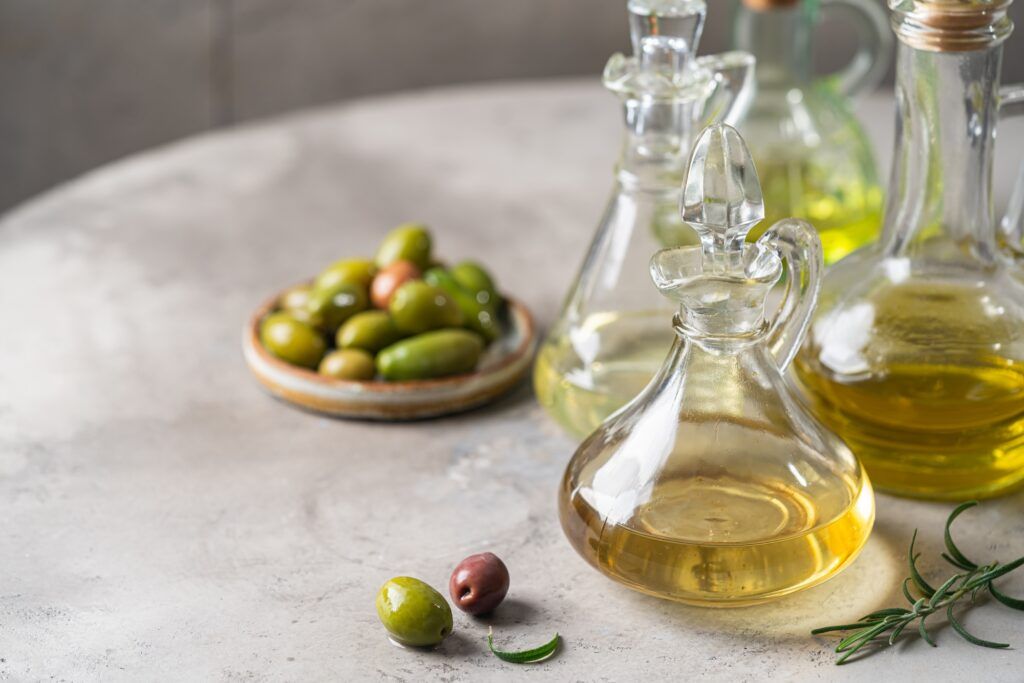 Olive oil in a glass bottle